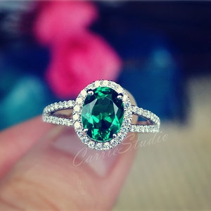 Halo 2ct Emerald Ring/Emerald Engagement Ring/Silver Emerald Anniversary Ring