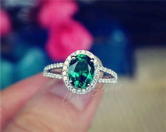 Halo 2ct Emerald Ring/Emerald Engagement Ring/Silver Emerald Anniversary Ring