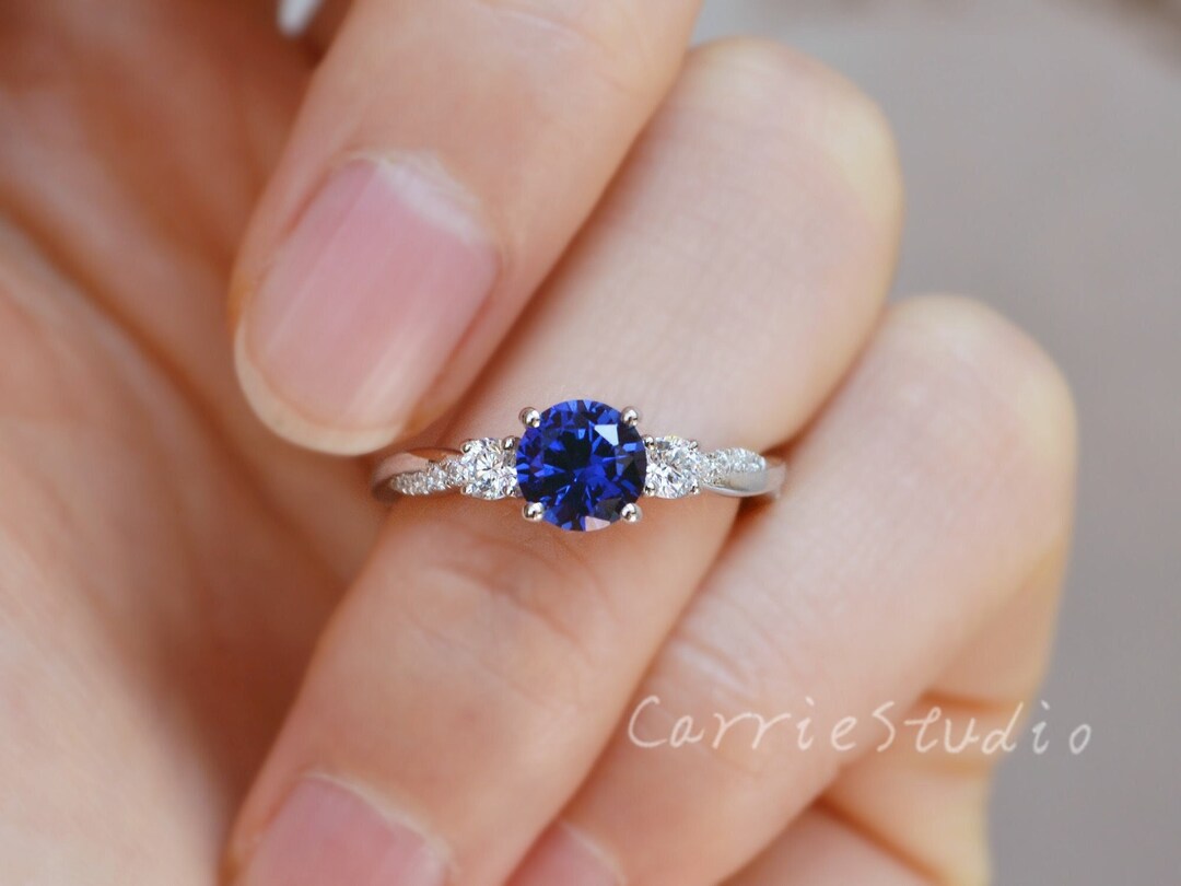 3 Stone Blue Sapphire Ring Silver Twist Sapphire Engagement Ring Royal