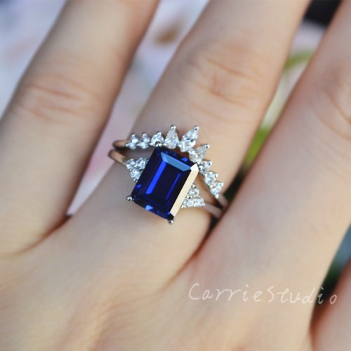 2ct Blue Sapphire Ring Set/Emerald cut shops Sapphire Engagement Ring/ Blue Gemstone Jewelry 7*9 mm/Anniversary Gift for Her