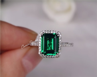 Halo 7*9 mm Emerald Cut Ring/Silver Emerald Engagement Ring/Anniversary Ring Gift for Her