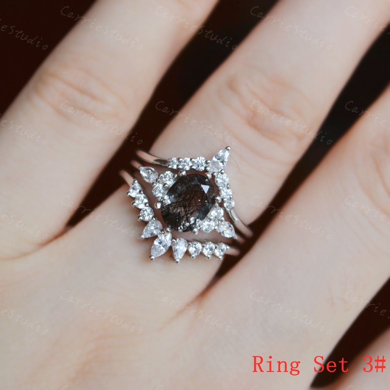 Unique Black Rutilated Quartz Ring Set/Natural Rutilated Quartz Bridal Ring Set/Anniversary Gift for Her/Silver Black Gem Jewelry Ring Set 3#