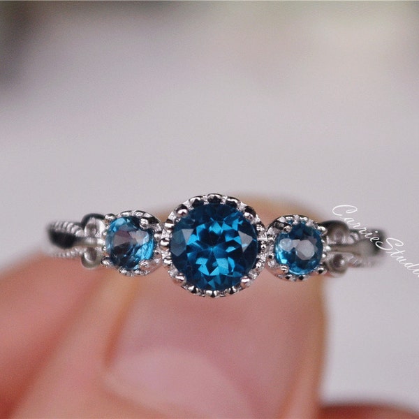 Delicate Natural London Blue Topaz Ring Topaz Engagement Ring Wedding Ring Birthday Present/Gift