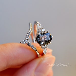 Unique Black Rutilated Quartz Ring Set/Natural Rutilated Quartz Bridal Ring Set/Anniversary Gift for Her/Silver Black Gem Jewelry image 2