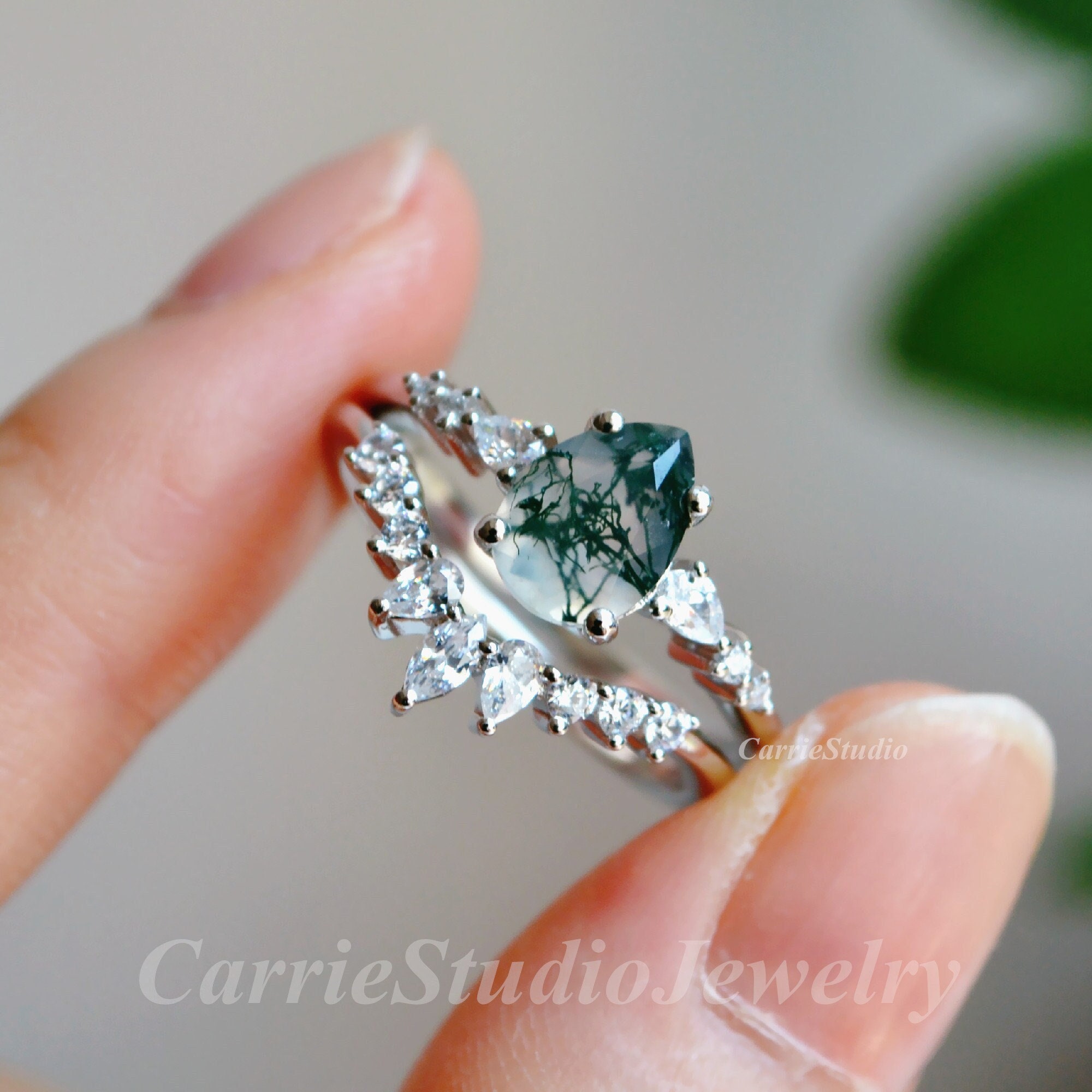 Pear Moss Agate Ring Set/Silver Green Engagement Set/ White Goldbridal Set/Personalized Gift For Women Stacking