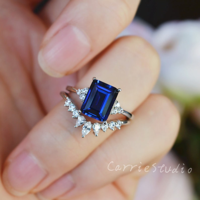 2ct Blue Sapphire Ring Set/Emerald cut shops Sapphire Engagement Ring/ Blue Gemstone Jewelry 7*9 mm/Anniversary Gift for Her