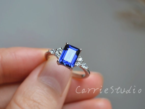 Bague saphir bleu taille emeraude bague de fiancailles saphir bague d anniversaire bijoux bleu Etsy France