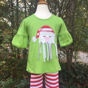 Ribbon Santa applique tunic and ruffle pants, Christmas outfit for girls, Santa applique shirt with ruffle leggings, toddler girls christmas
