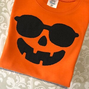 Orange jack o lantern applique tee shirt, boys pumpkin shirt, jack o lantern with shades, cool halloween tees, pumpkin face applique shirt