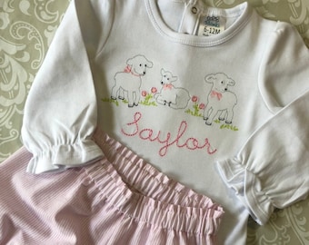 Monogram Easter outfit for baby girls, lamb embroidered Easter romper, Easter bloomers , Easter bodysuit, girl baby shower monogram gift