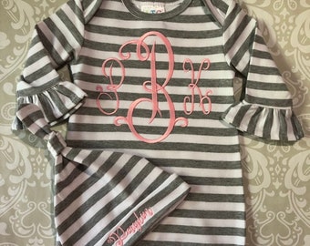 Monogram ruffle baby gown, gray striped ruffle infant gown, pink gray monogram baby girl gown, coming home outfit, baby girl shower gift