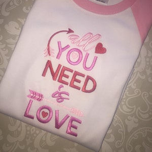 Girls valentine raglan tee shirt, all you need is love valentine shirt, toddler girl valentine shirt, kids valentine gift image 1