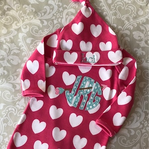 Valentine baby gown, monogram baby gowns, heart infant gown, baby girl shower gift, coming home baby outfit, applique baby gown, baby gifts