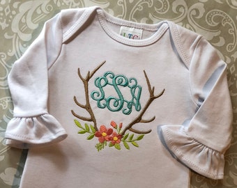 Monogram baby gown with antlers and flowers. Monogrammed baby girl shower gift, monogram infant gowns, baby girls going home outfit