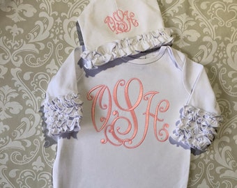 Monogram ruffle baby gown and hat, baby girl coming home outfit, baby girl shower gift, personalized infant gown