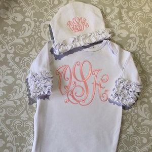 Monogram ruffle baby gown and hat, baby girl coming home outfit, baby girl shower gift, personalized infant gown