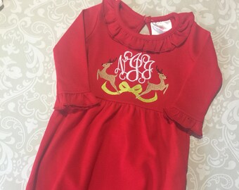 Monogram Christmas red infant gown, Christmas baby gown, reindeer baby gown, baby Christmas gift, baby girl shower gift, baby girl christmas