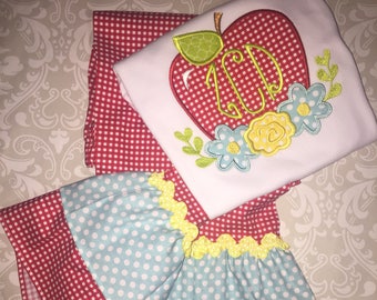 Back to school monogram apple applique girls outfit, girls school apparel, ruffle pants set, apple and flower monogrammed school ruffle tee
