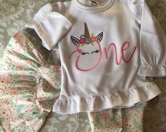 Unicorn first birthday outfit, unicorn shirt, unicorn ruffle pants, unicorn birthday apparel, girls first birthday gift, baby first birthday