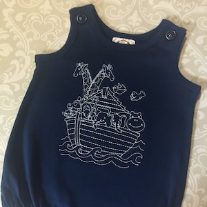Noah&#39;s ark bubble romper, infant boy or girl navy blue bubble with vintage stitched Noah&#39;s ark in white, unisex infant Noahs ark romper
