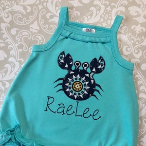 Crab applique monogram bubble romper, crab monogram ruffle bubble romper, baby beachwear, monogrammed bubble romper, monogram baby girl gift
