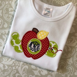 Back to school monogram worm in apple applique ruffle tee shirt, back to school applique for girls, monogrammed school apparel,girls school