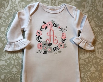 Floral monogram ruffle baby gown, baby girl going home outfit, monogrammed infant gown, girl baby shower gift, monogrammed ruffle gown