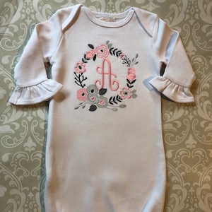 Floral monogram ruffle baby gown, baby girl going home outfit, monogrammed infant gown, girl baby shower gift, monogrammed ruffle gown