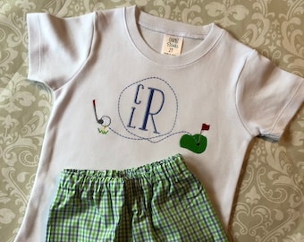 Boys monogrammed golf shorts set, monogrammed golf birthday outfit, toddler boy golf monogram tee, monogrammed golf shorts set for boys