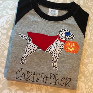 Applique dog monogram Halloween raglan tee, Dalmatian Halloween tee, dog with pumpkin applique tee, monogrammed halloween tees for boys