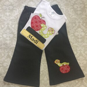 back to School applique monogram girls pants set, girls back to shool outfit, apple worm book applique ruffle tee shirt, school apparel