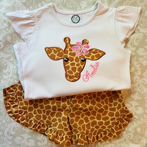 Monogram giraffe applique shorts set, zoo trip outfit for girls, safari birthday shorts set for girls, giraffe ruffle shorts set