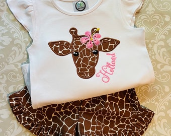 Monogram giraffe applique shorts set, zoo trip outfit for girls, safari birthday shorts set for girls, giraffe ruffle shorts set