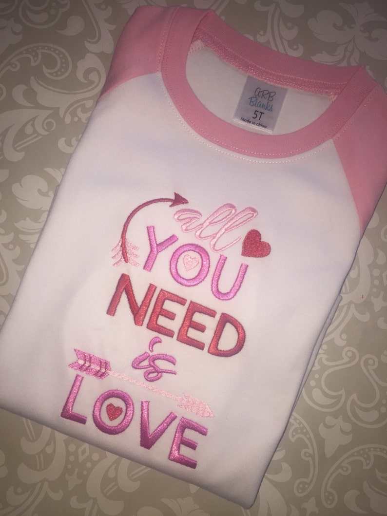 Girls valentine raglan tee shirt, all you need is love valentine shirt, toddler girl valentine shirt, kids valentine gift image 1