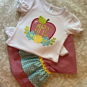 Back to school monogram apple applique girls outfit, girls school apparel, ruffle pants set, apple and flower monogrammed school ruffle tee
