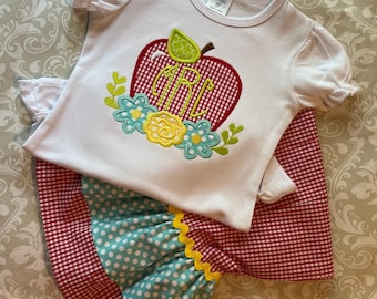 Back to school monogram apple applique girls outfit, girls school apparel, ruffle pants set, apple and flower monogrammed school ruffle tee