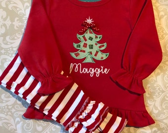 アップリケのクリスマスツリーの衣装、女の子のクリスマスの服、モノグラムのクリスマスのTシャツ、女の子のモノグラムのクリスマスの衣装、幼児の女の子のクリスマスセット