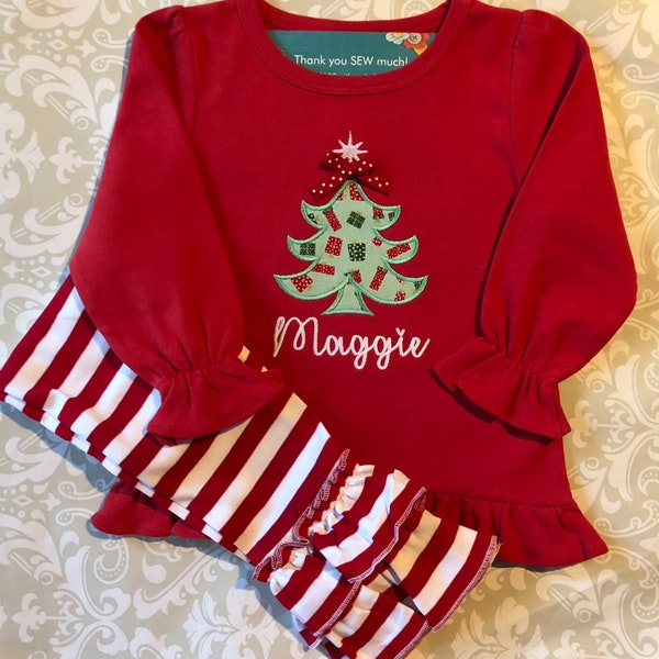 Applique Christmas tree outfit, girls Christmas clothing, monogram Christmas tee, girl monogram Christmas outfit, toddler girl christmas set