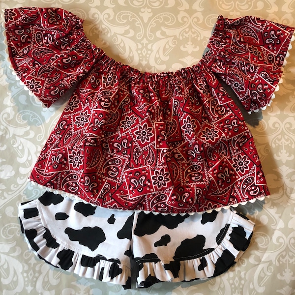 Off the shoulder bandana top with cow print ruffle shorts, western girls outfit, cowgirl shorts set, girls western wear, country girl outfit