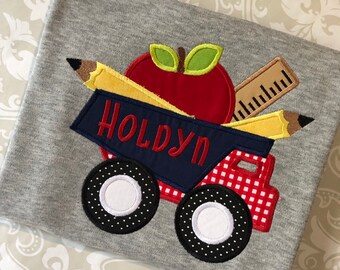 Back to school dump truck applique tee, first day of school shirt, boys school tees, monogram school tee, dump truck monogram school tee