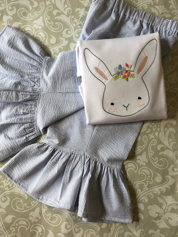 Girls Easter outfit, embroidered easter ruffle tee shirt, toddler easter bunny shirt, Easter bunny shirts, Easter shirt and pants for girls