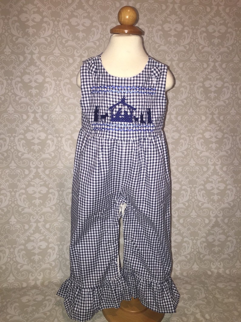Nativity faux smocked embroidery design on ruffle jumper for baby toddler girls Christmas
