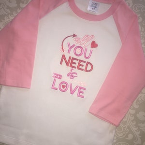 Girls valentine raglan tee shirt, all you need is love valentine shirt, toddler girl valentine shirt, kids valentine gift image 3