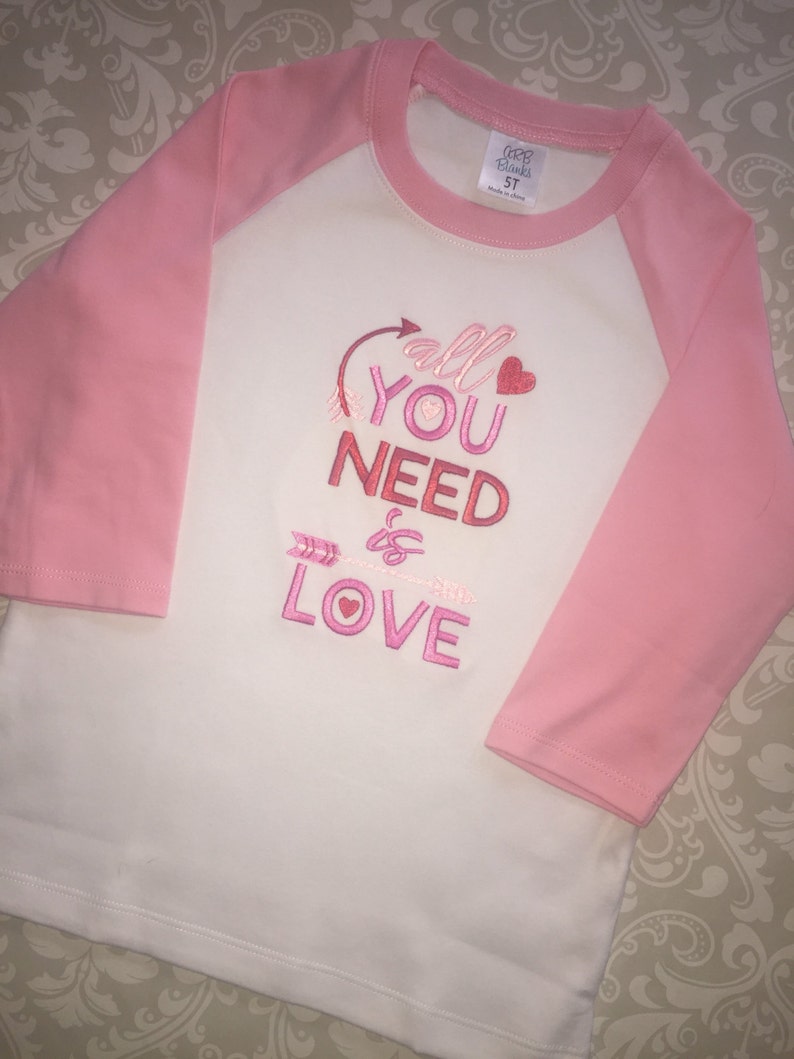 Girls valentine raglan tee shirt, all you need is love valentine shirt, toddler girl valentine shirt, kids valentine gift image 3