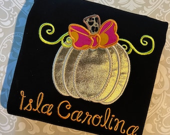 Applique monogram gold pumpkin on black tee shirt for girls and toddlers, fall monogram pumpkin shirt for girls, Halloween monogram shirt