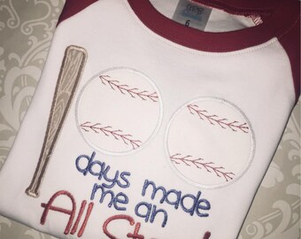 All star baseball 100 days of school raglan tee shirt, kids baseball shirt for 100 days of school, all star baseball applique for 100 days