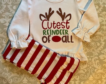 Cutest reindeer of all embroidered ruffle shirt and ruffle pants, toddler girls Christmas outfit, reindeer shirt, girls Christmas clothing