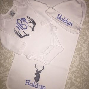 Monogram layette set for baby boys, deer antler monogrammed bodysuit, burp cloth and hat, baby boy shower gift set image 1