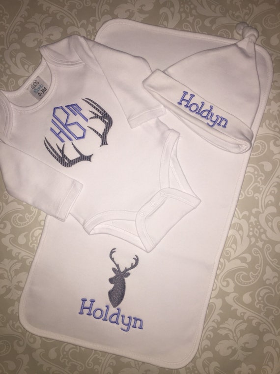 Monogram layette set for baby boys, deer antler monogrammed bodysuit, burp cloth and hat, baby boy shower gift set