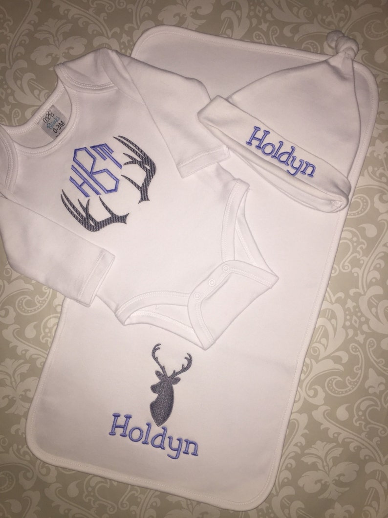 Monogram layette set for baby boys, deer antler monogrammed bodysuit, burp cloth and hat, baby boy shower gift set image 1